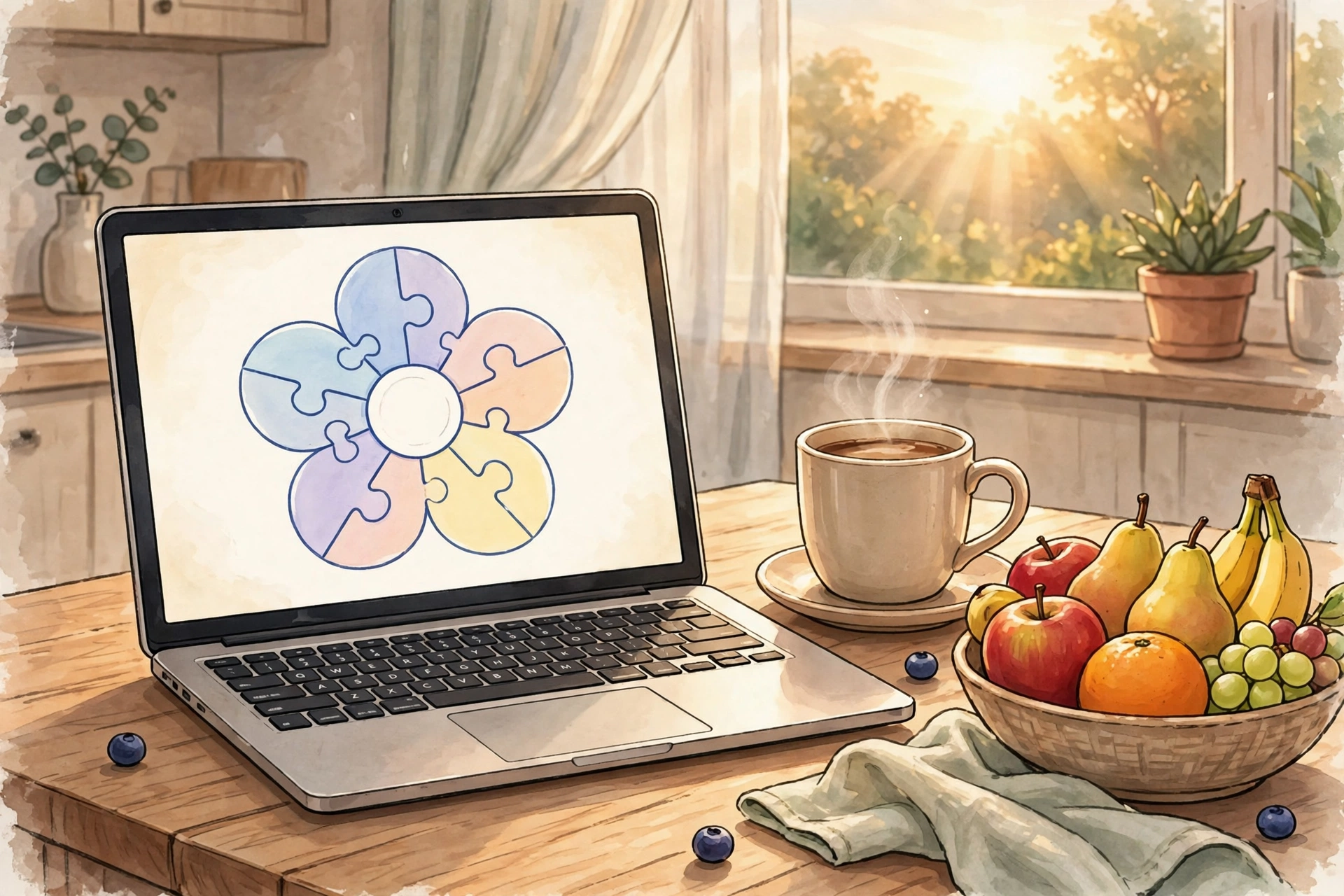 Morning scene with a laptop showing a flower word puzzle beside breakfast