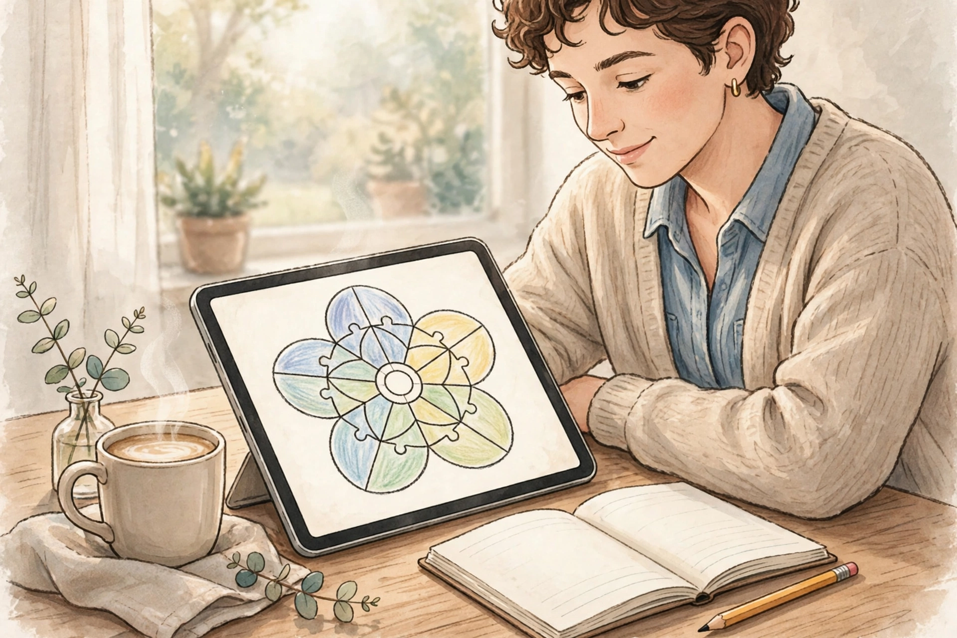 Person enjoying a morning routine with a tablet flower word puzzle