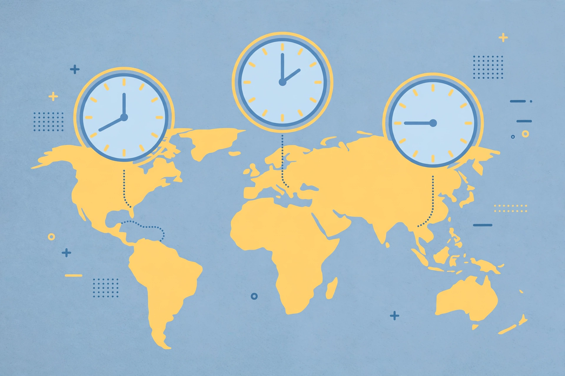Illustration of clocks showing different times across world regions