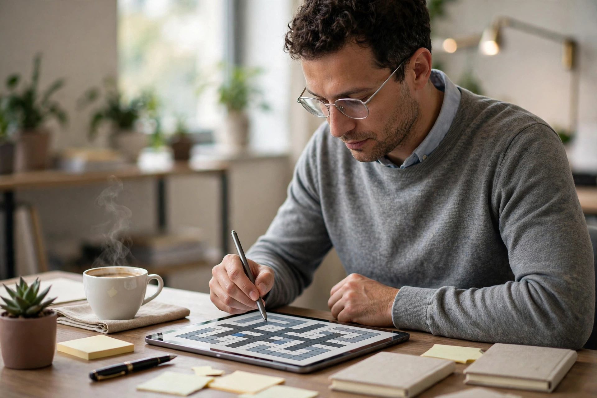Person solving a word puzzle on a tablet with coffee