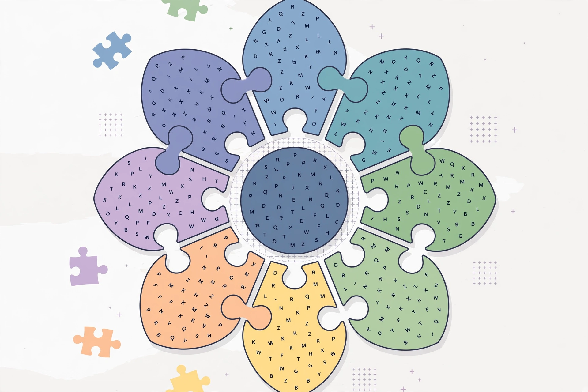 Flower puzzle with all petals filled with letters