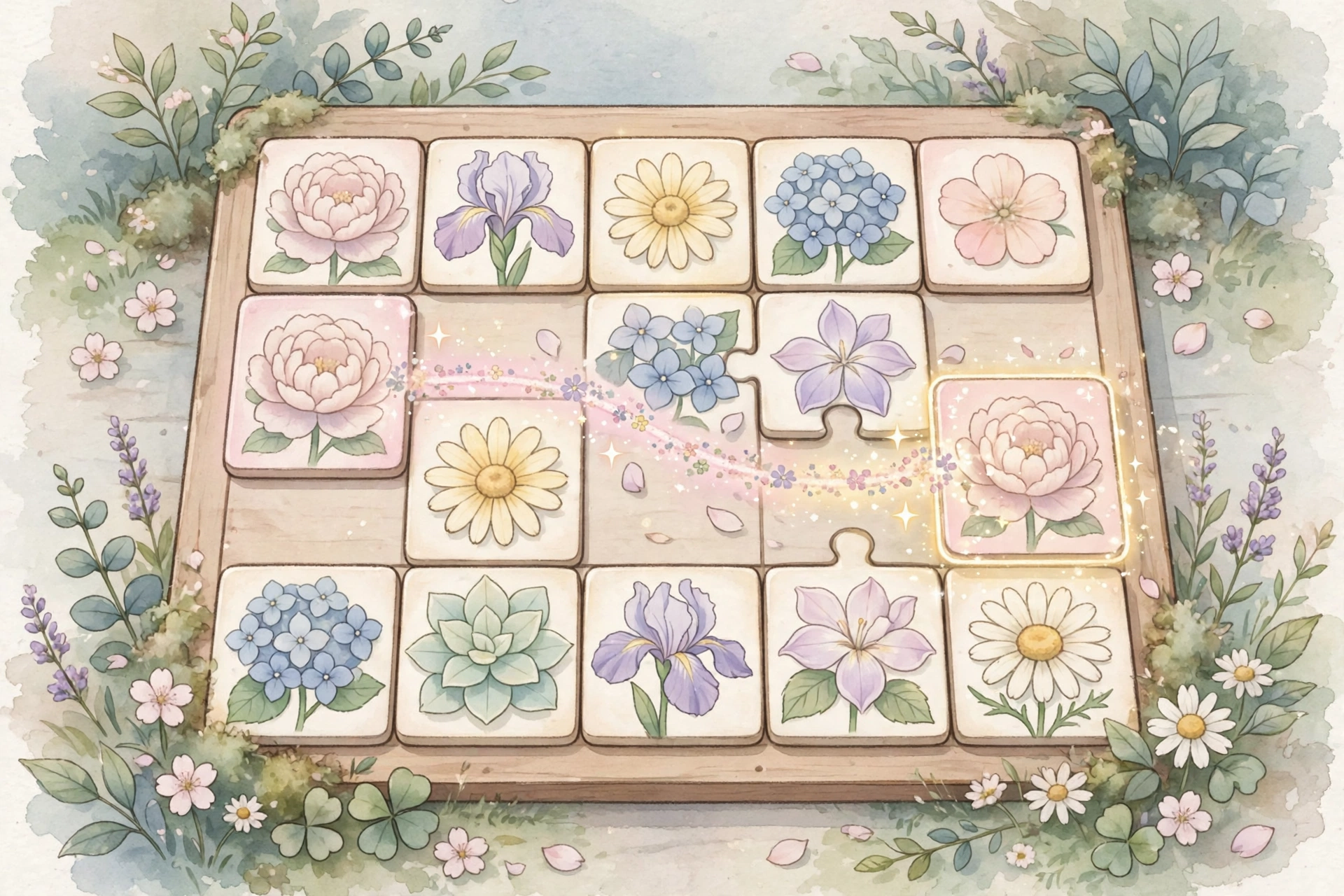 Zen Blossom game gameplay with soft pastel flower tiles on a calm board